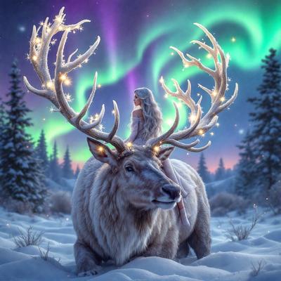 Primary subject: A woman riding a deer with antlers.

Setting/background: The scene takes place in a snowy environment, with a night sky visible in the background.

Visual style: The image is a digital artwork, featuring a woman and a deer with antlers.

Colors and mood: The dominant colors in the image are purple and blue, creating a serene and magical atmosphere.